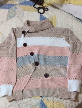 Cozy Striped Button-Front Women's Sweater - Pink & Cream